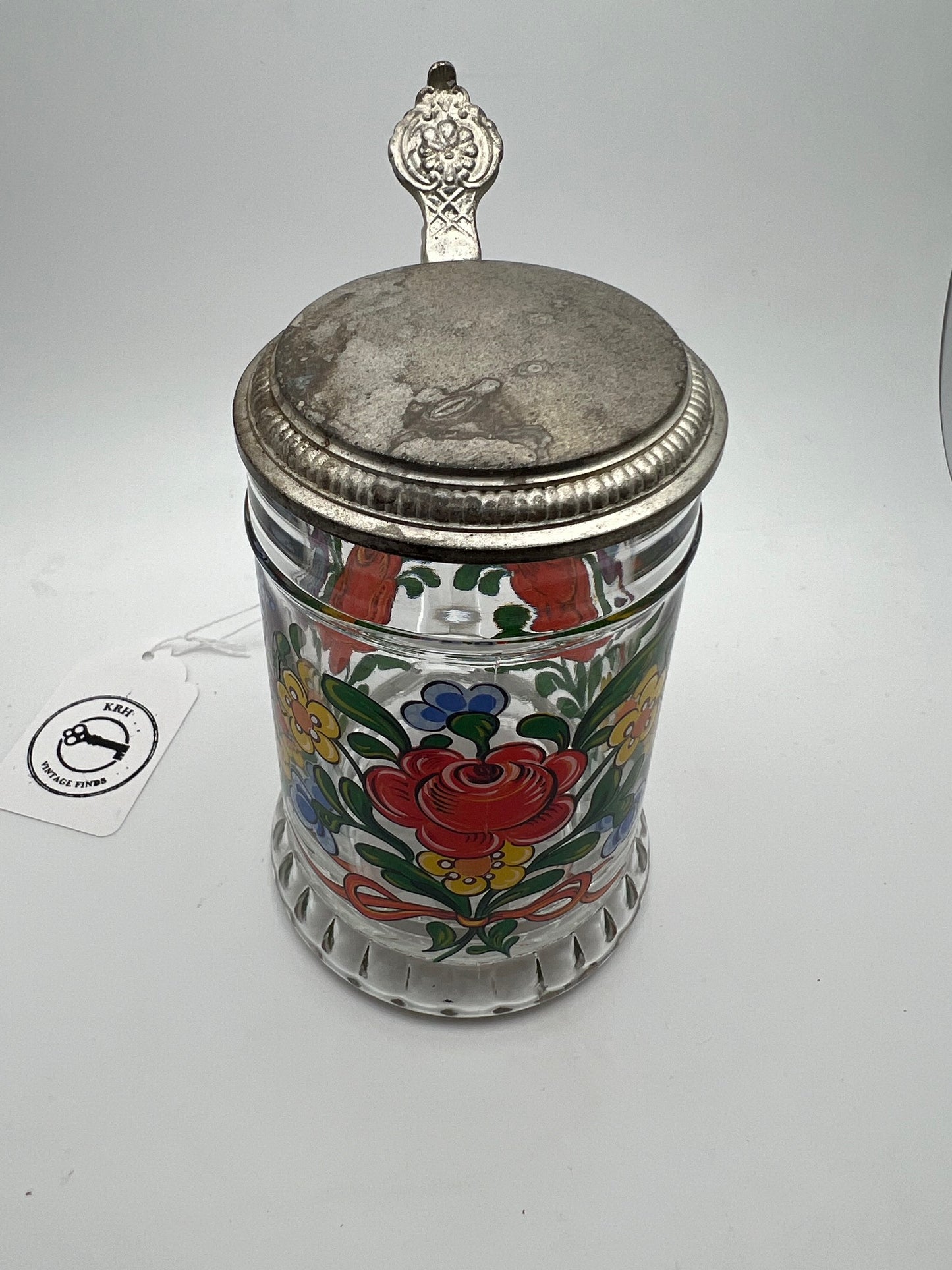 Hand Painted Glass Stein w/ Pewter Lid, Made in W. Germany