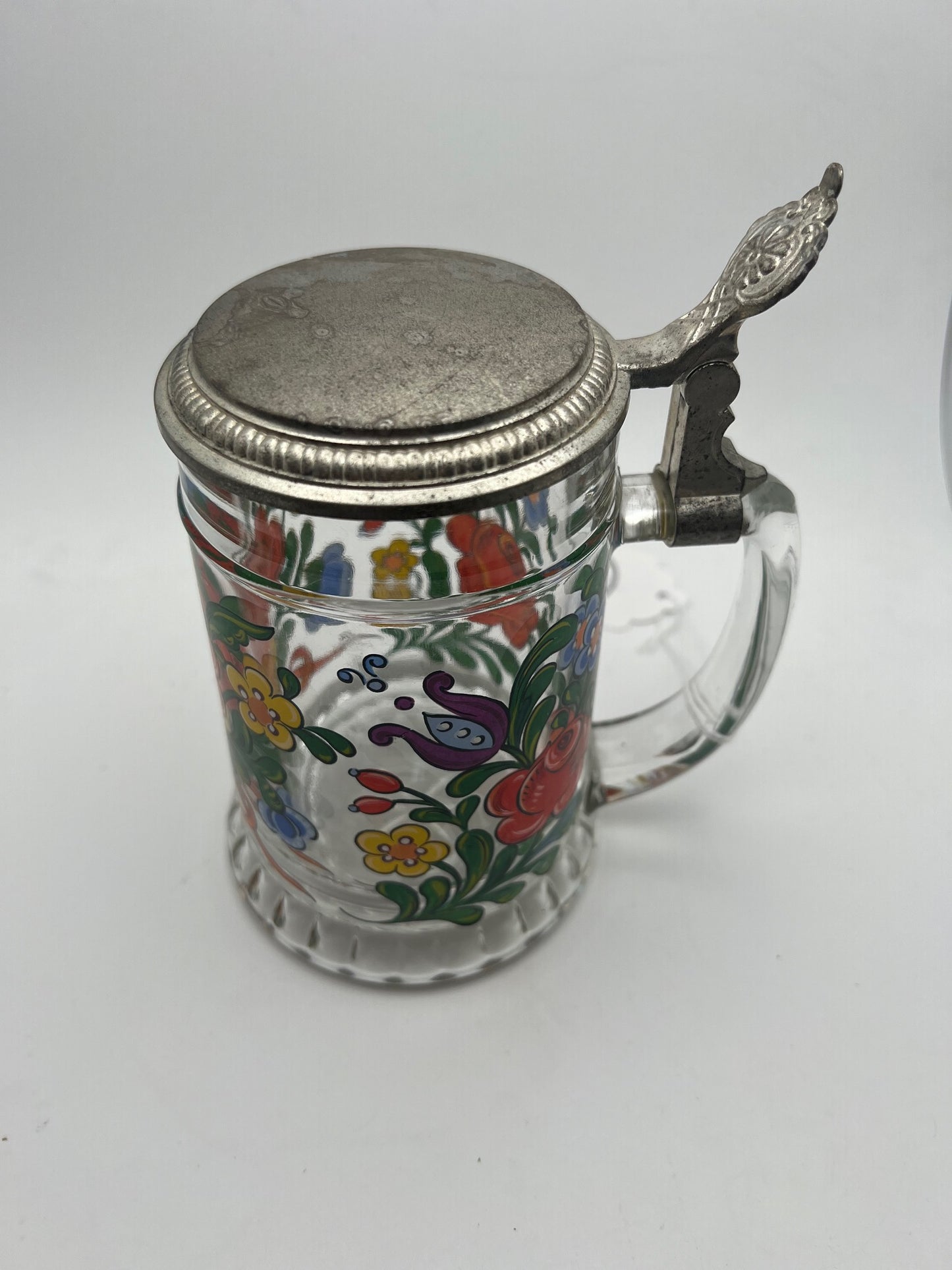 Hand Painted Glass Stein w/ Pewter Lid, Made in W. Germany