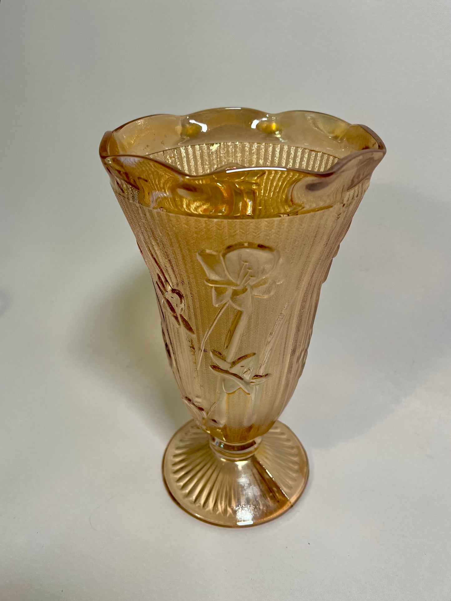 Iris & Herringbone Carnival Glass Vase by Jeannette Glass Company