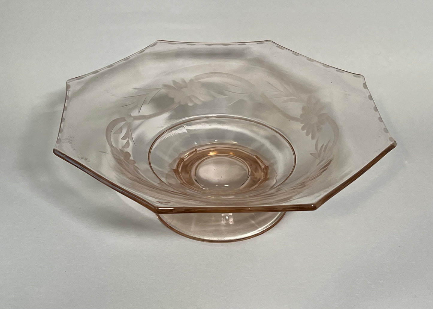Etched Pink Depression Glass Pedestal Bowl w/ Octagon Rim