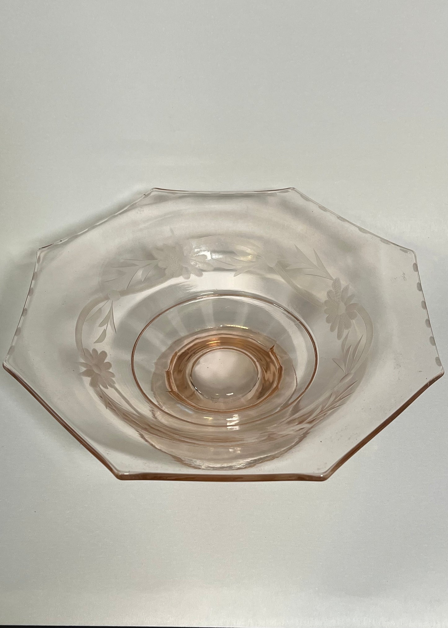 Etched Pink Depression Glass Pedestal Bowl w/ Octagon Rim
