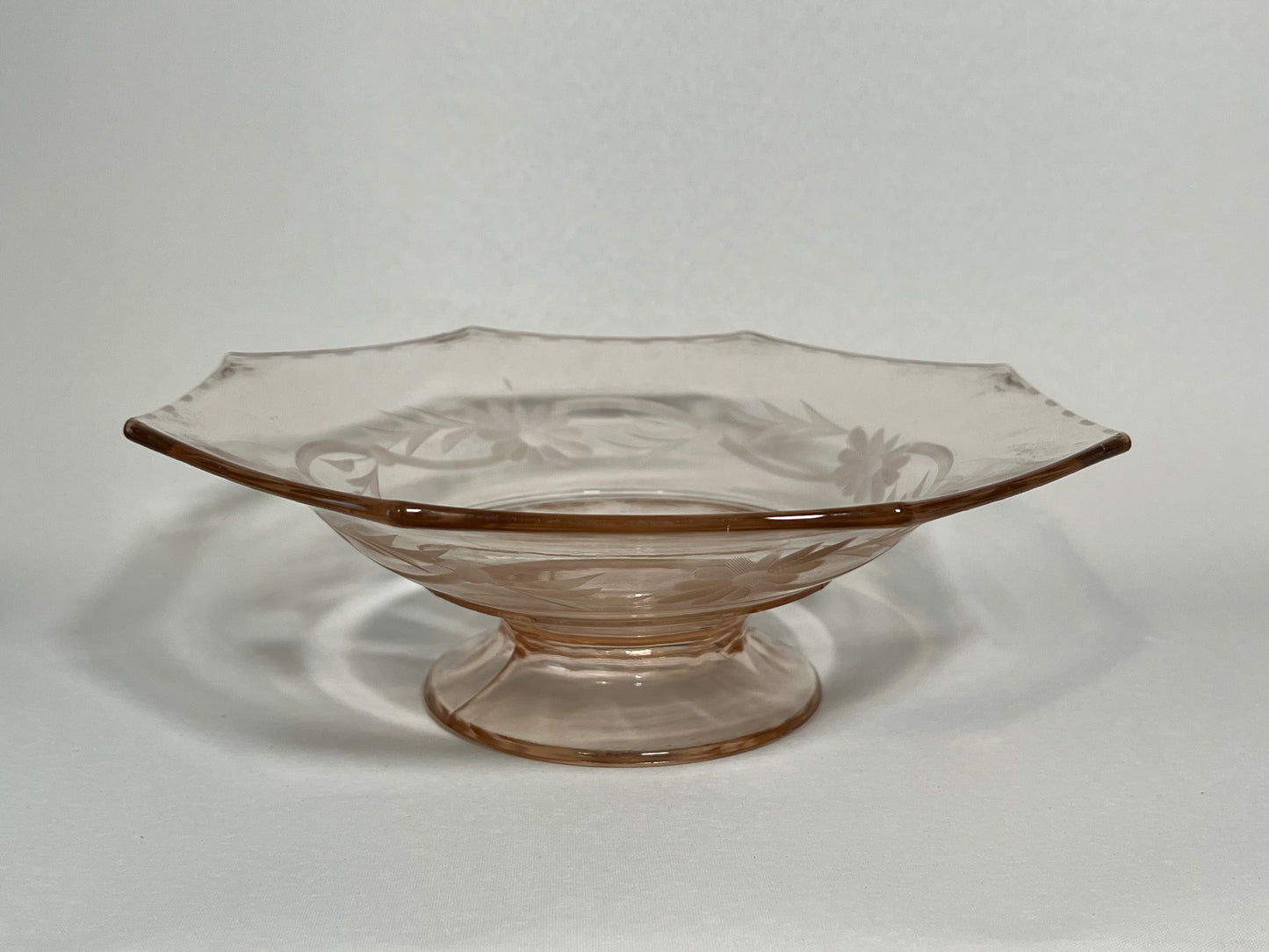 Etched Pink Depression Glass Pedestal Bowl w/ Octagon Rim
