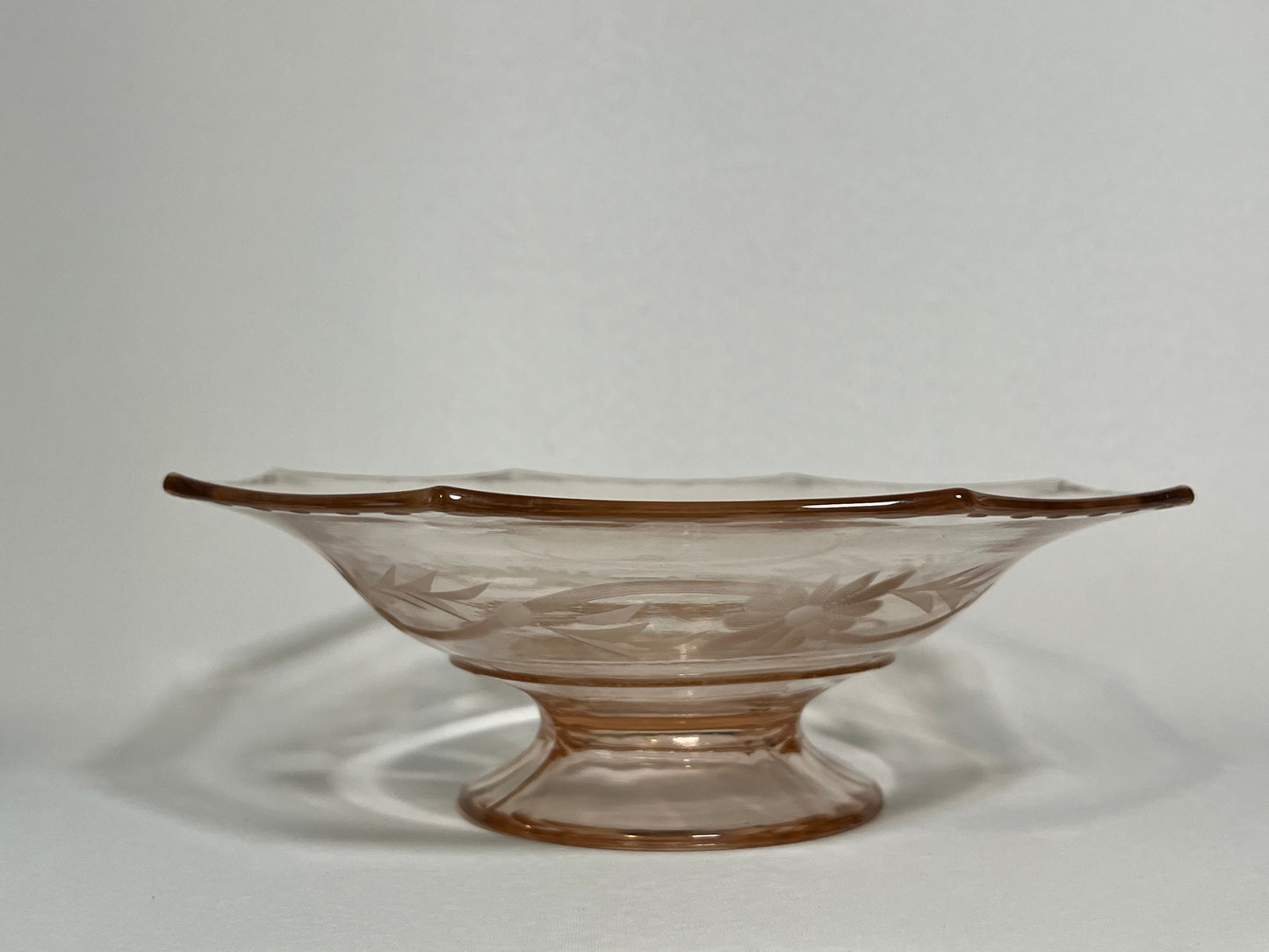 Etched Pink Depression Glass Pedestal Bowl w/ Octagon Rim