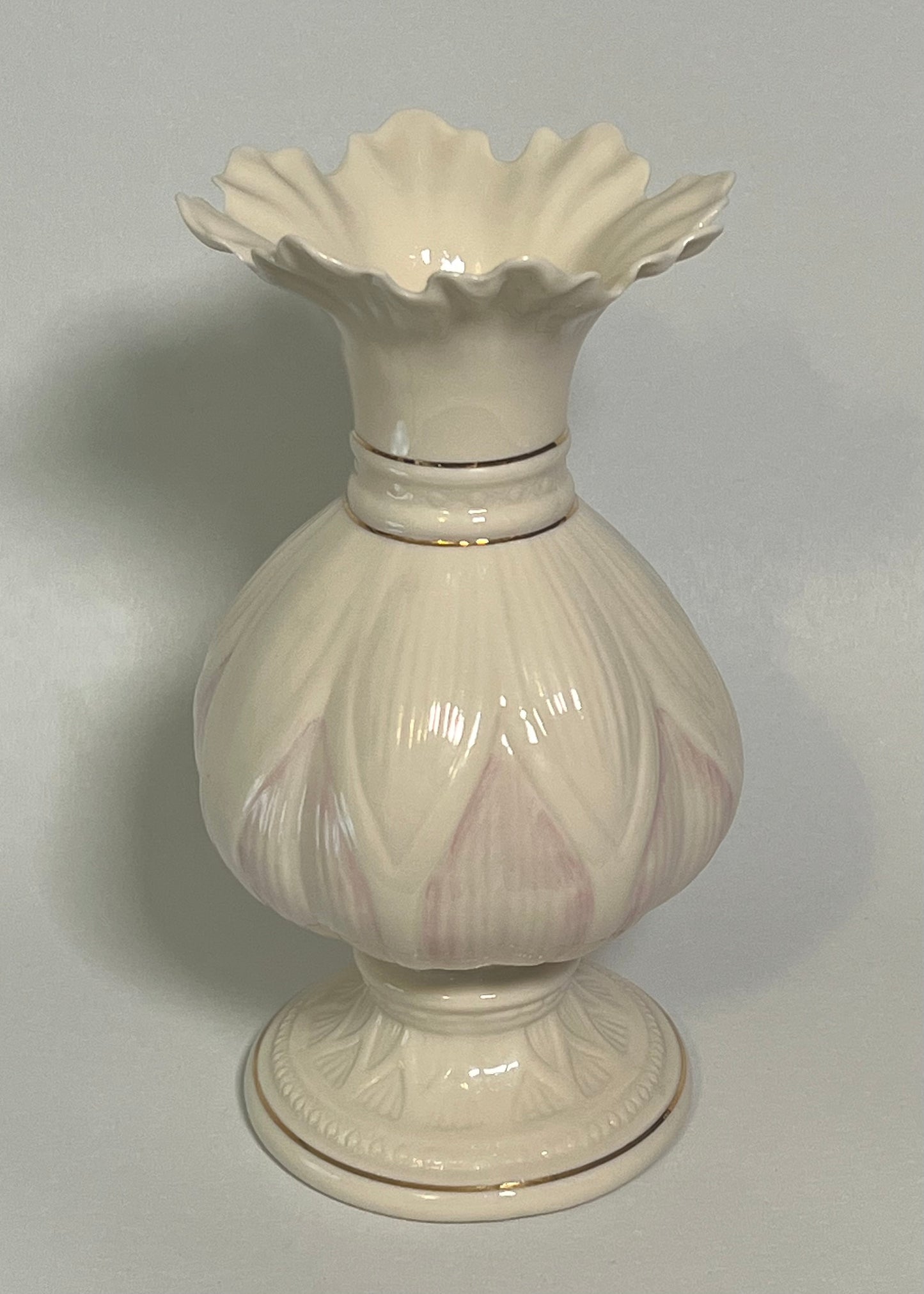 Belleek Irish Porcelain Lotus Blossom Vase w/ Pink Highlights and Gold Trim