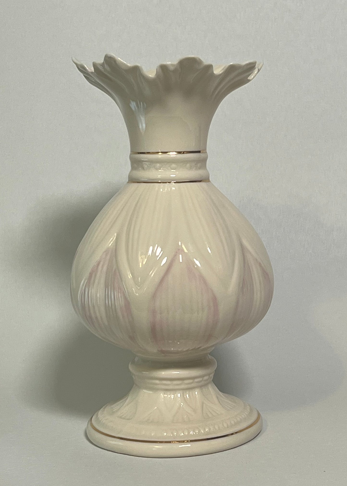 Belleek Irish Porcelain Lotus Blossom Vase w/ Pink Highlights and Gold Trim