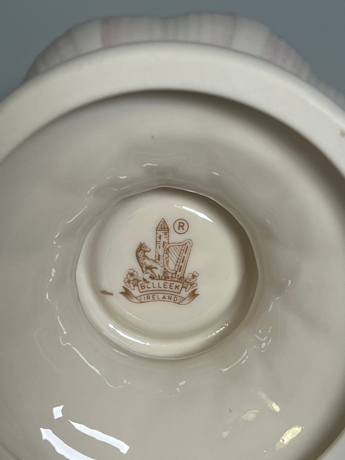 Belleek Irish Porcelain Lotus Blossom Vase w/ Pink Highlights and Gold Trim