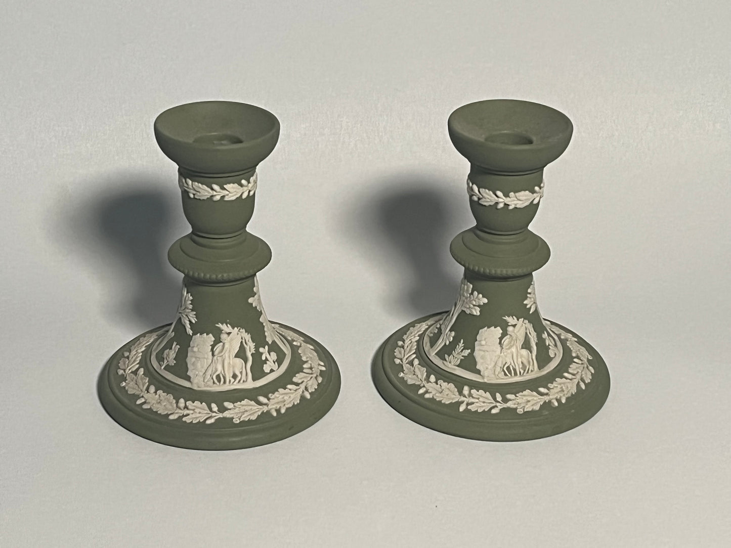 Pair of Wedgwood Green Jasperware Candlesticks