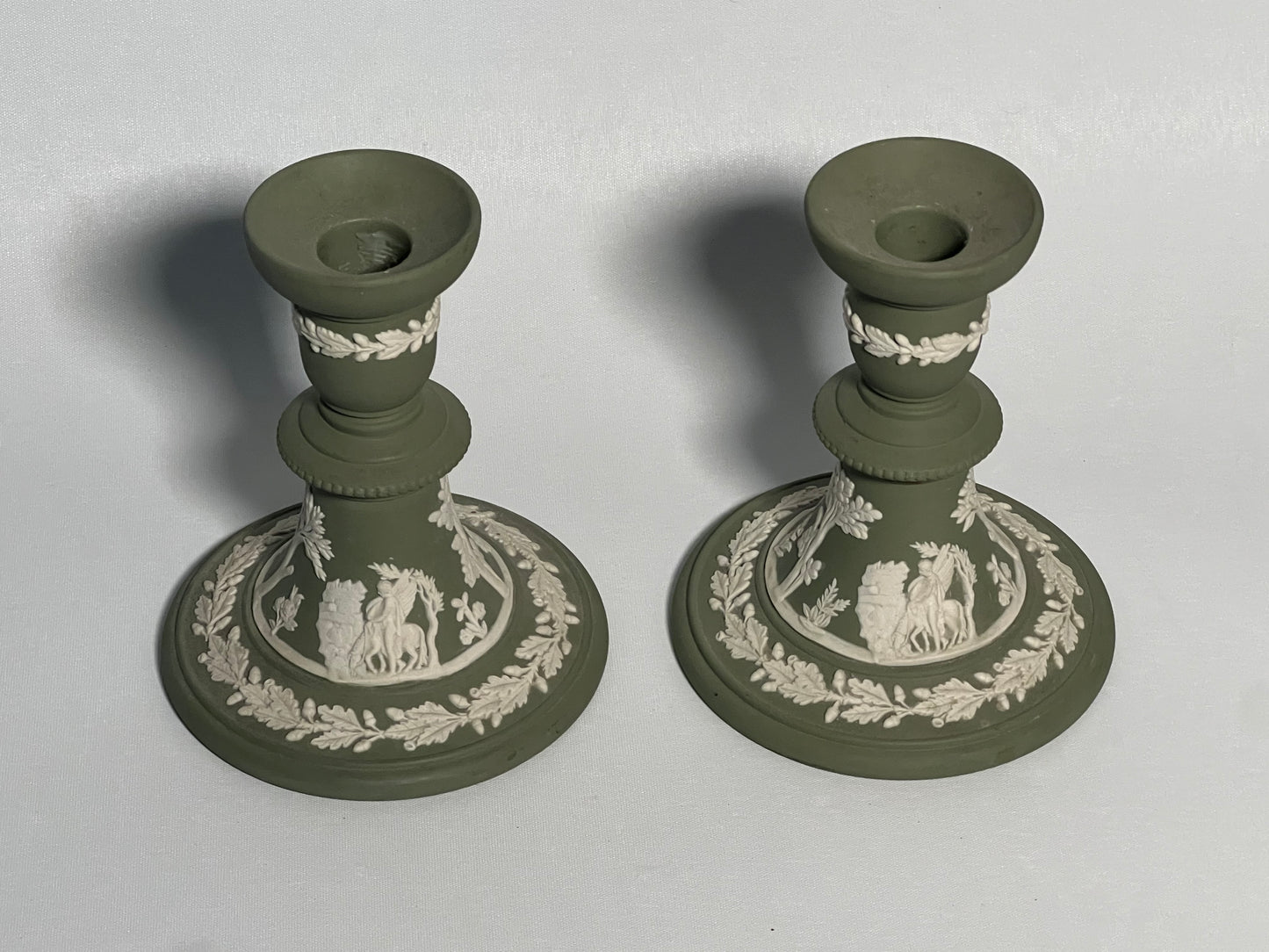 Pair of Wedgwood Green Jasperware Candlesticks
