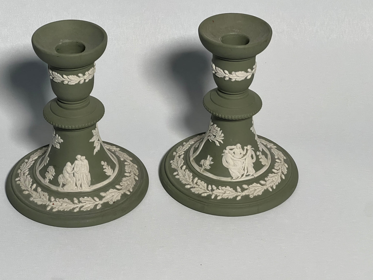 Pair of Wedgwood Green Jasperware Candlesticks