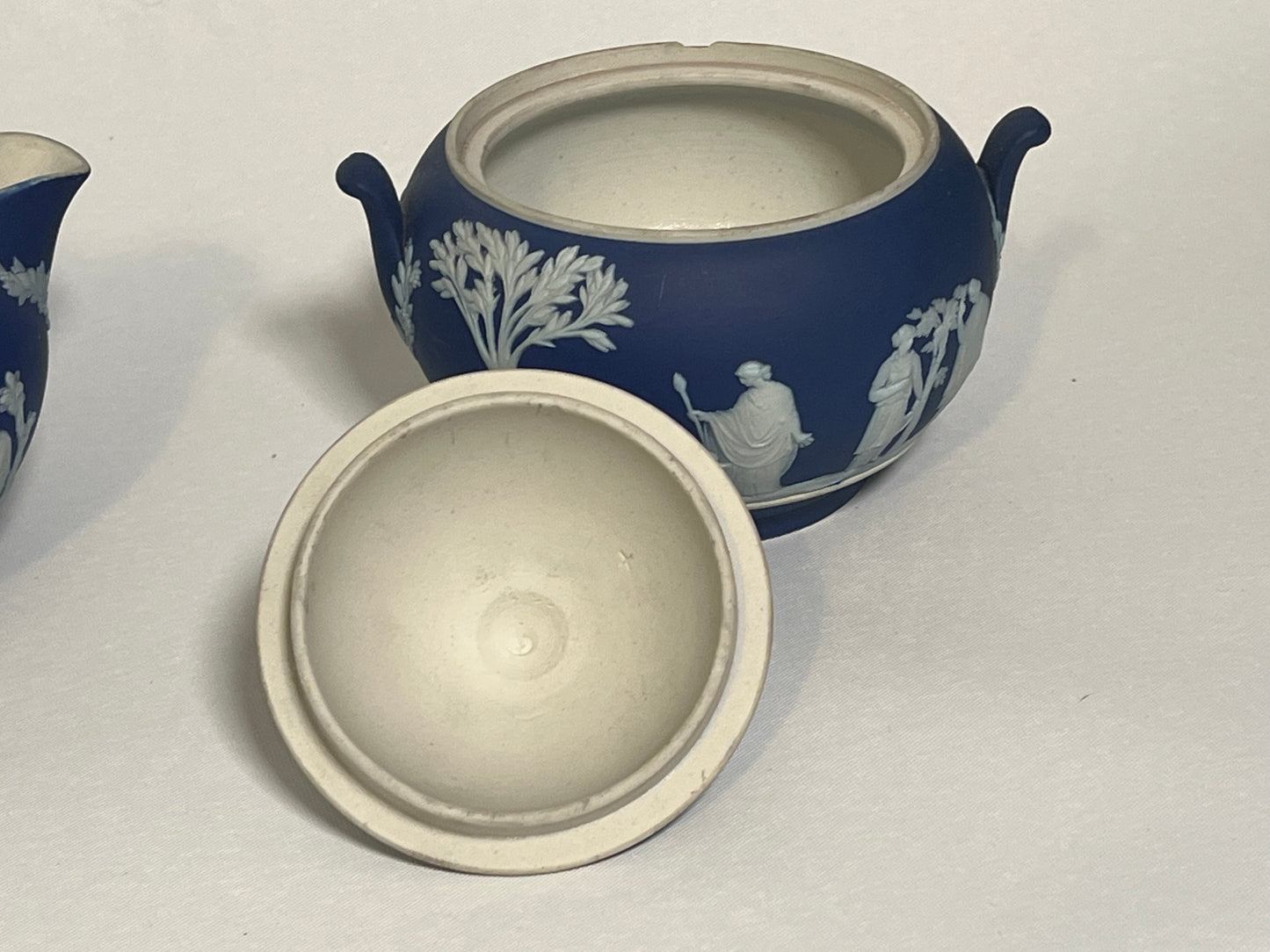 Cobalt Blue Wedgwood Jasperware Creamer (1930) and Sugar Dish (1936)