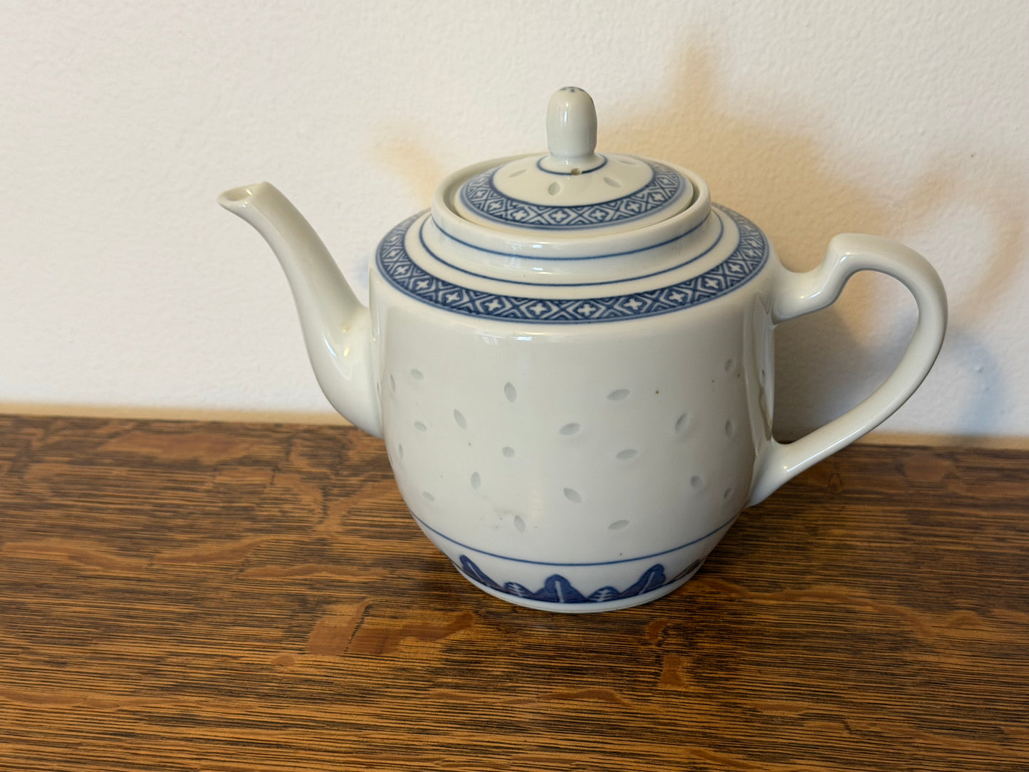 Chinese Blue and White Porcelain Teapot Featuring Rice Grain Pattern