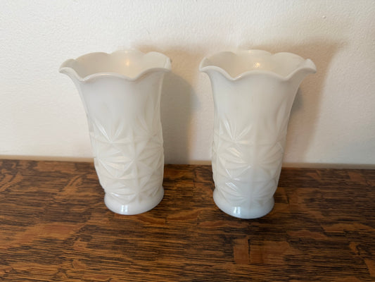 Set of 2 Hazel Atlas Milk Glass Vases - Starburst Pattern w/ Scalloped Rim