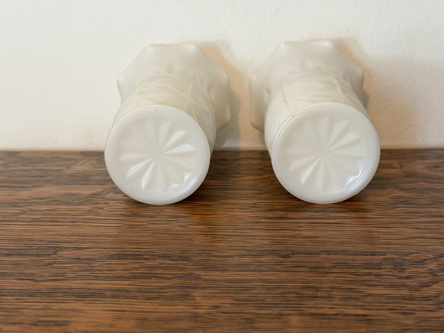 Set of 2 Hazel Atlas Milk Glass Vases - Starburst Pattern w/ Scalloped Rim