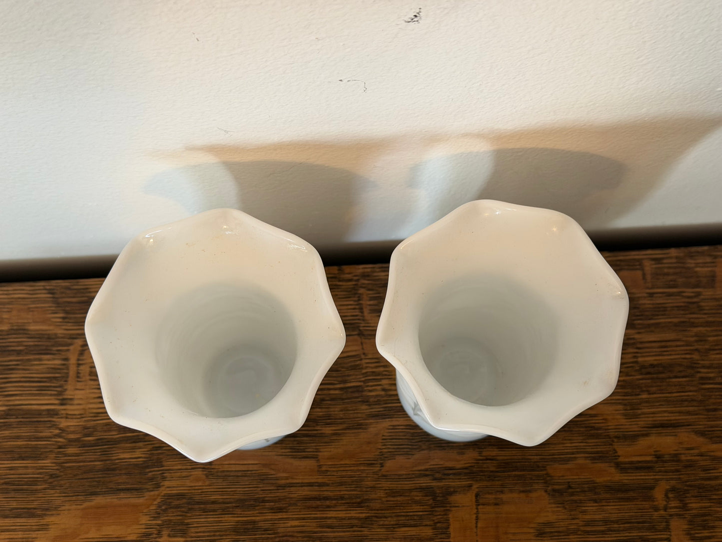 Set of 2 Hazel Atlas Milk Glass Vases - Starburst Pattern w/ Scalloped Rim
