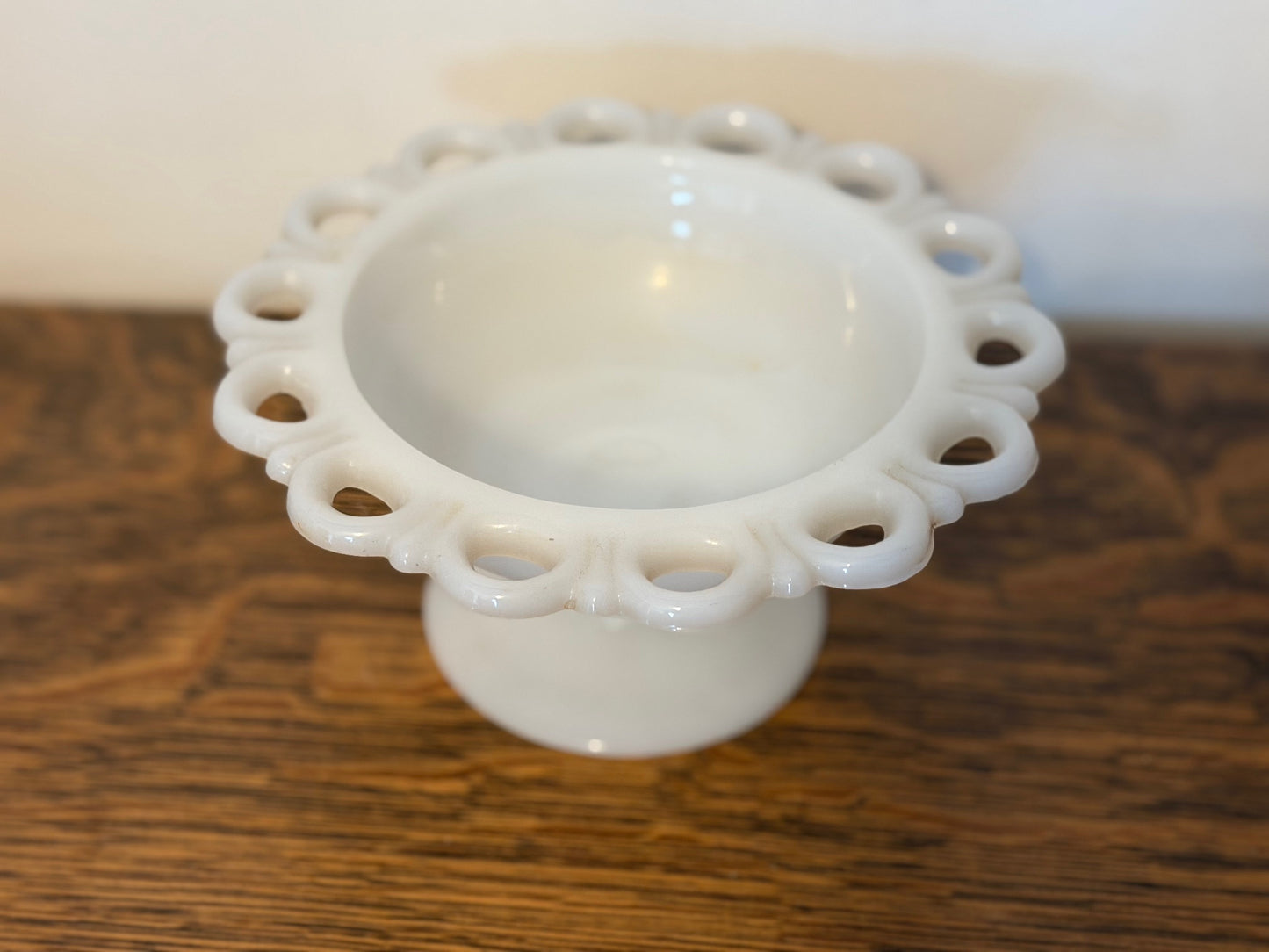 Anchor Hocking Old Colony Lace Edge Milk Glass Pedestal Bowl