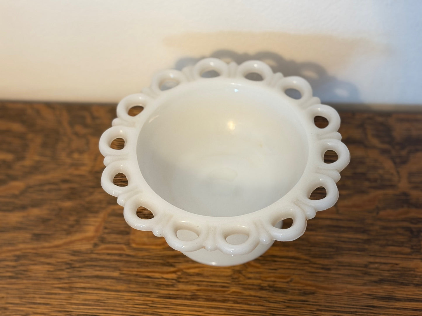 Anchor Hocking Old Colony Lace Edge Milk Glass Pedestal Bowl