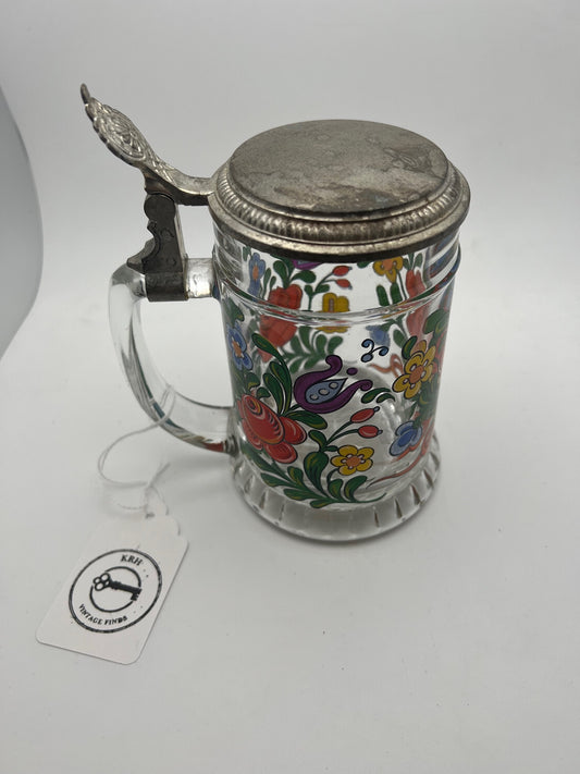 Hand Painted Glass Stein w/ Pewter Lid, Made in W. Germany