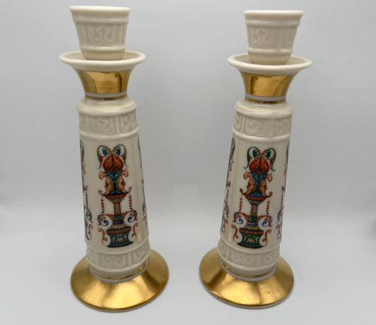 Pair of Lenox Lido Candlestick Holders; Discontinued Pattern; Hand Decorated with 24 k Gold