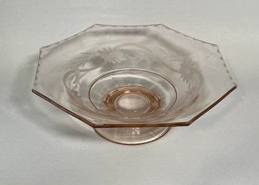 Etched Pink Depression Glass Pedestal Bowl w/ Octagon Rim