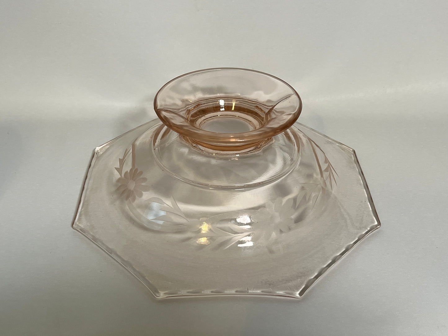 Etched Pink Depression Glass Pedestal Bowl w/ Octagon Rim