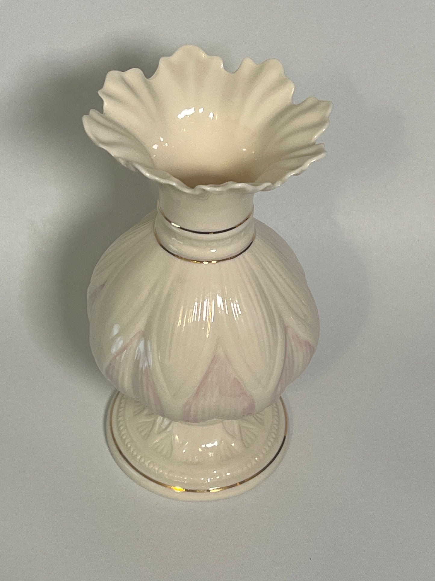 Belleek Irish Porcelain Lotus Blossom Vase w/ Pink Highlights and Gold Trim