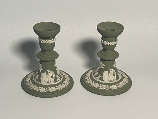 Pair of Wedgwood Green Jasperware Candlesticks