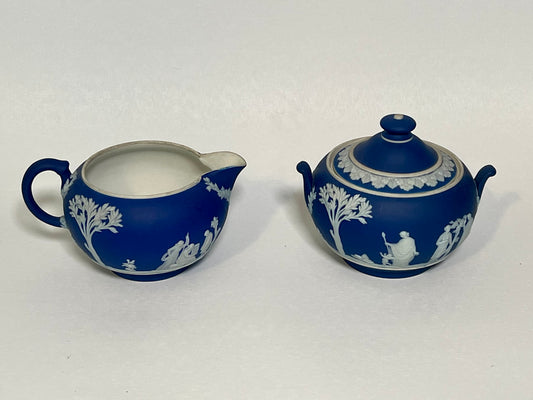 Cobalt Blue Wedgwood Jasperware Creamer (1930) and Sugar Dish (1936)
