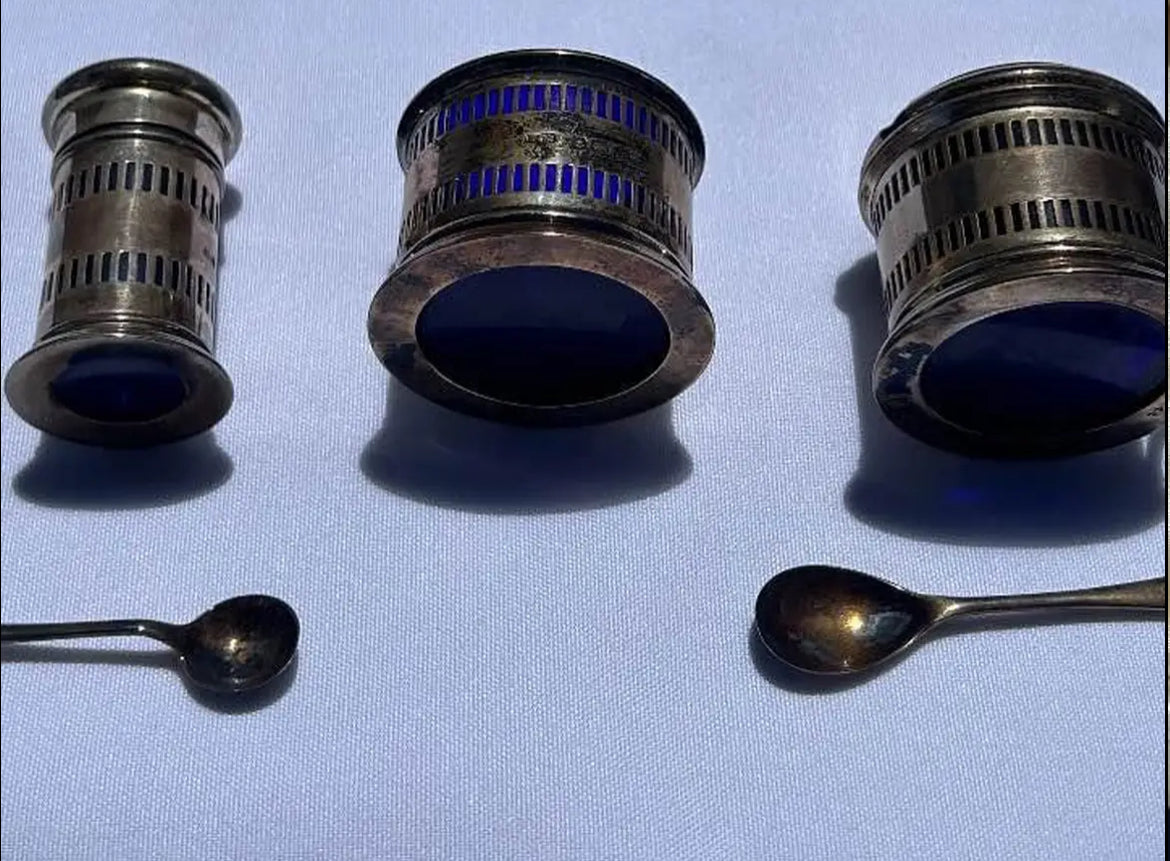 Fine D&B Sterling Silver Salt Cellar, Pepper Shaker and Mustard Server w/ Cobalt Blue Glass Inserts