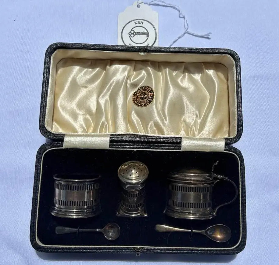 Fine D&B Sterling Silver Salt Cellar, Pepper Shaker and Mustard Server w/ Cobalt Blue Glass Inserts