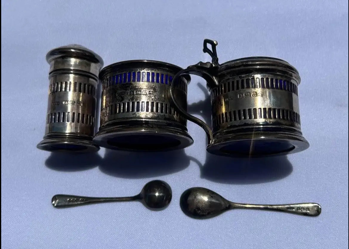 Fine D&B Sterling Silver Salt Cellar, Pepper Shaker and Mustard Server w/ Cobalt Blue Glass Inserts