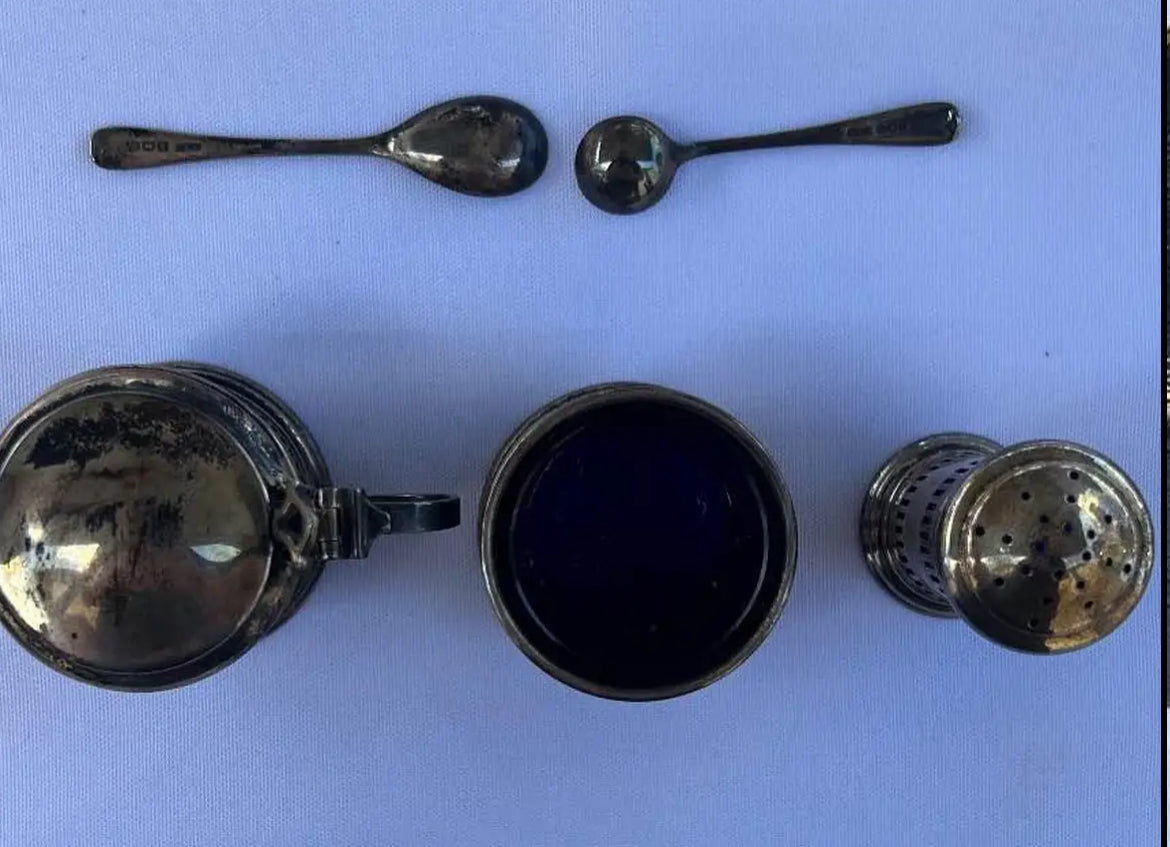 Fine D&B Sterling Silver Salt Cellar, Pepper Shaker and Mustard Server w/ Cobalt Blue Glass Inserts
